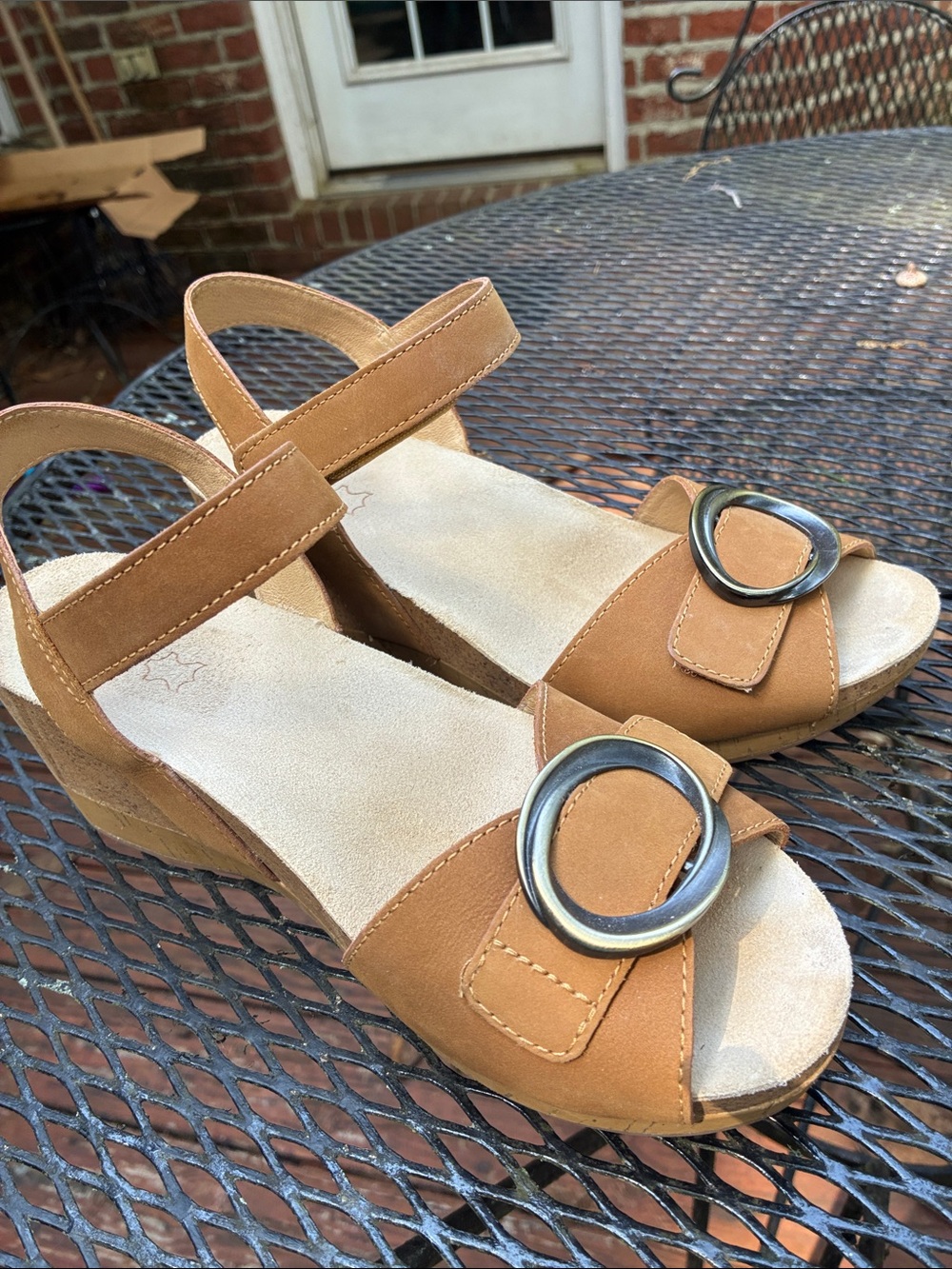 Dansko Stella Tan Wedge Nubuck Sandals with Decorative Buckle SZ 38